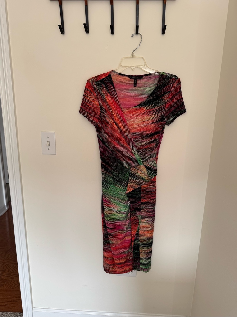 BCBGMaxAzria Red Pink Green and Black Midi Wrap-Style Dress